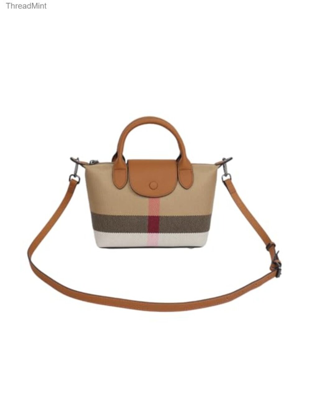 Mini Plaid Leather Trim Crossbody Satchel Handbag with Adjustable Strap